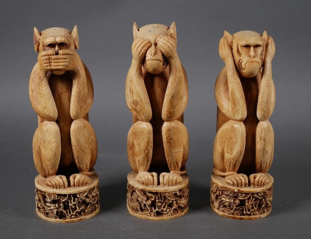 Appraisal: See hear and speak no evil carved ivory monkeys sitting