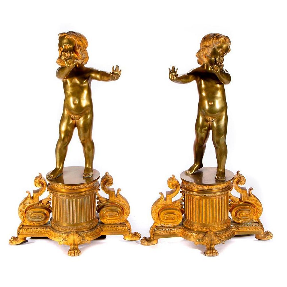 Appraisal: Pair of gilt metal andirons A pair of large and