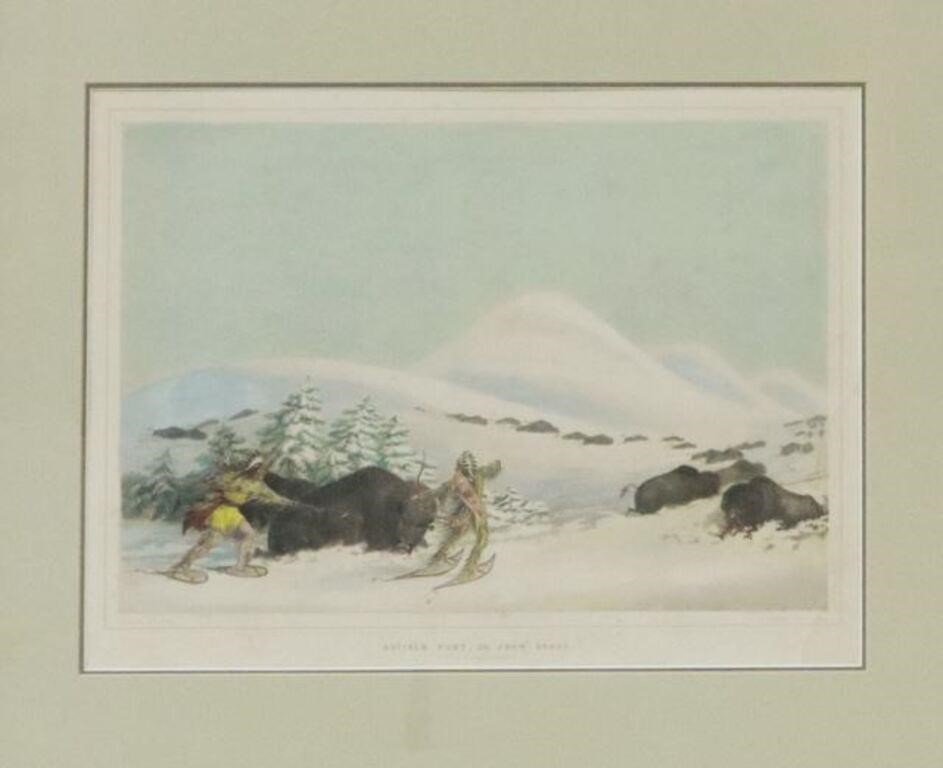 Appraisal: Framed lithograph with hand coloring on paper Buffalo Hunt on