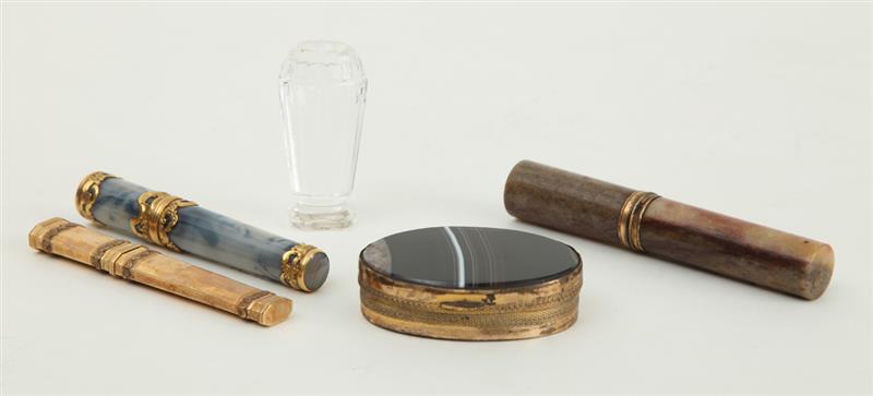 Appraisal: CONTINENTAL GOLD CASE AND FOUR HARDSTONE ARTICLES The chamfered tapered