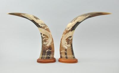 Appraisal: A Pair of Chinese Hand Carved Bull Horns on Stands