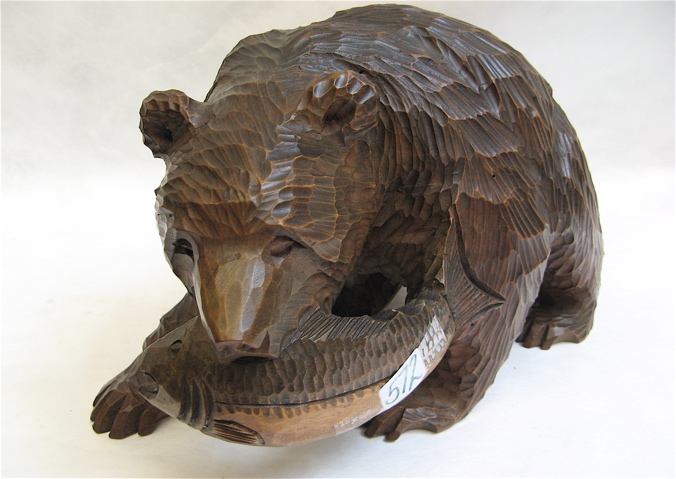 Appraisal: HAND CARVED WOOD GRIZZLY BEAR with salmon in mouth Dimensions