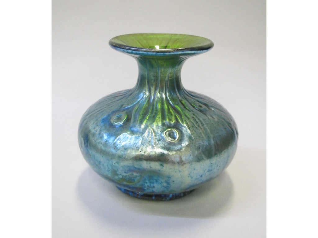 Appraisal: Art Nouveau squat glass vase with blue iridescence possibly Loetz