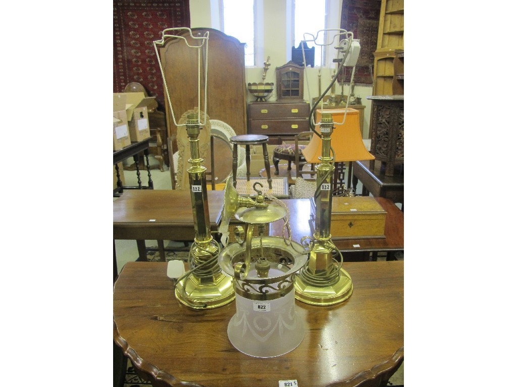 Appraisal: Pair of brass table lamps and a brass mounted ceiling