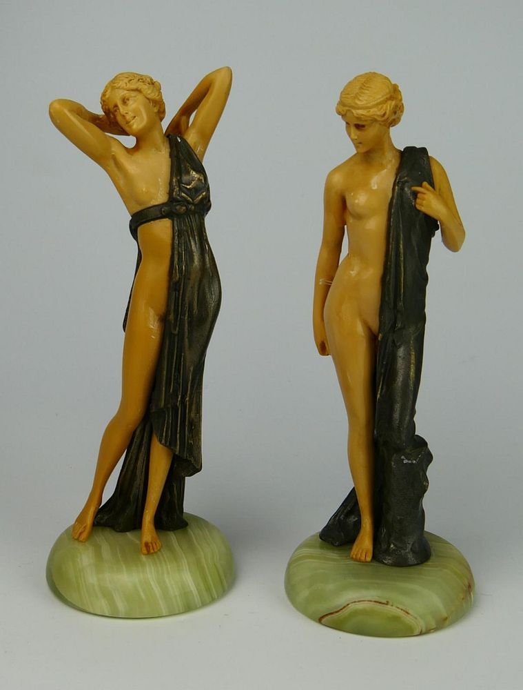 Appraisal: Pr ART DECO FAUX IVORY WHITE METAL NUDE FIGURES A