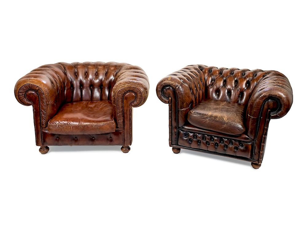 Appraisal: A Pair of Nail-Studded Tufted Brown Leather Club Chairs A