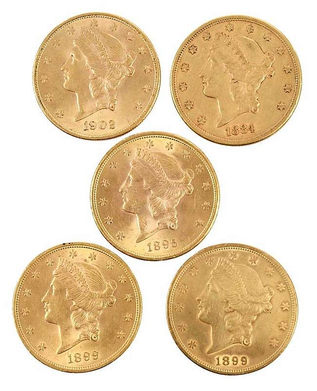 Appraisal: Five Liberty Head Gold Double Eagles group includes dates -S