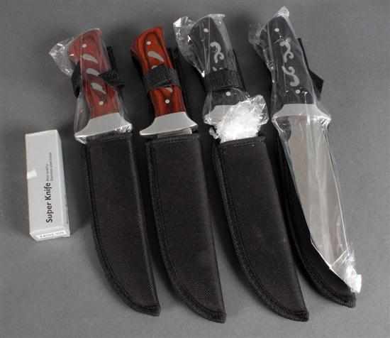 Appraisal: Four Bowie style knives with sheath and six ''Super Knife''