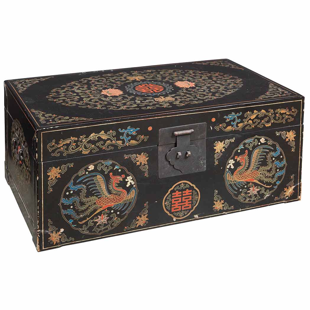 Appraisal: Chinese Black Lacquered Trunk Decorated with drapery Height inches width