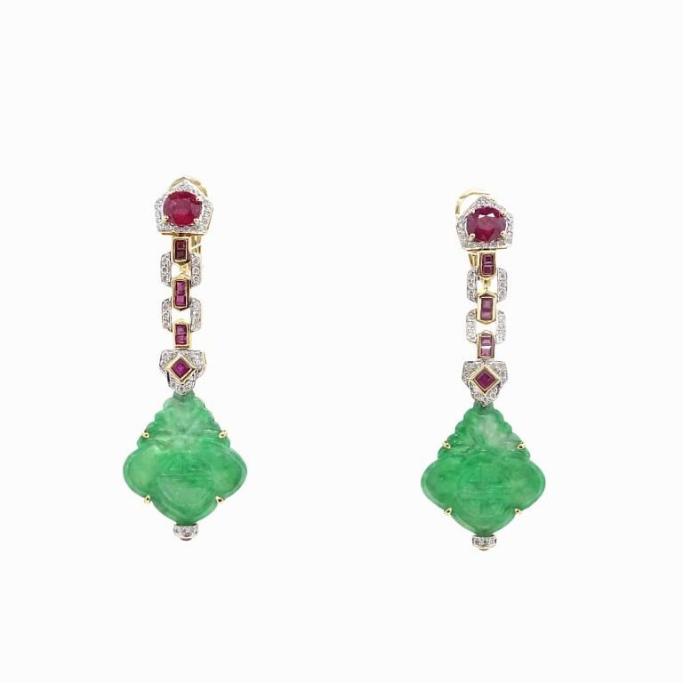 Appraisal: Jade Ruby And Diamond Earrings Set In K Jade Karat