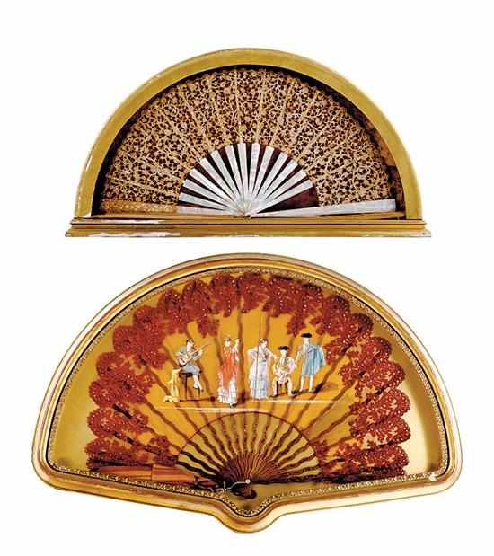 Appraisal: Two framed fans one painted with Spanish figures dancing on