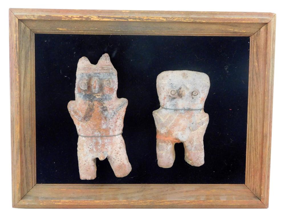 Appraisal: PRE-COLUMBIAN Two Chancay Huacho figures mounted to board Central Coastal