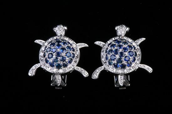 Appraisal: PAIR K WHITE GOLD DIAMOND AND SAPPHIRE ARTICULATED TURTLE FORM