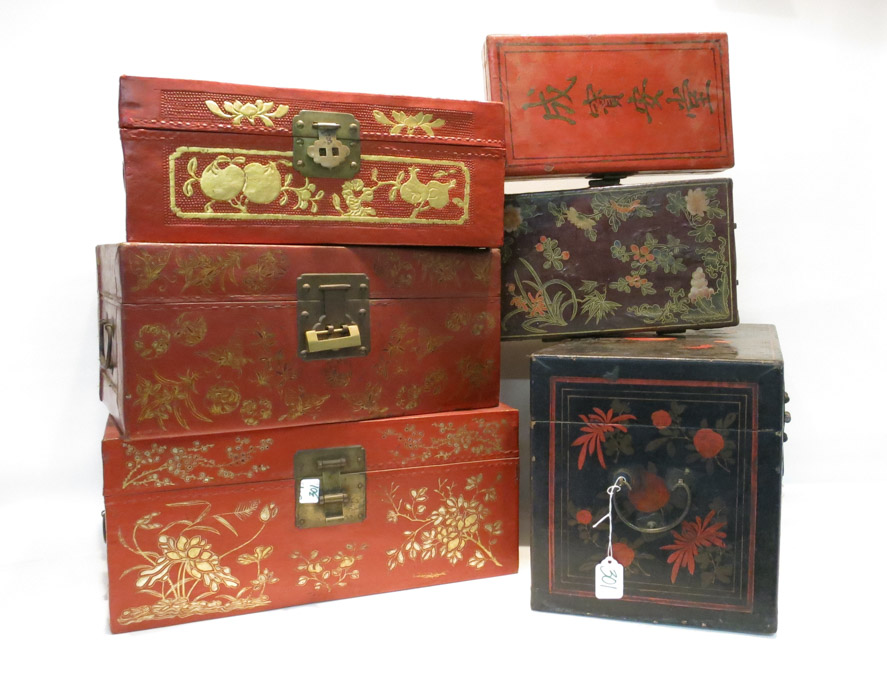 Appraisal: SIX LEATHER COVERED CHINESE BOXES various sizes and having hand