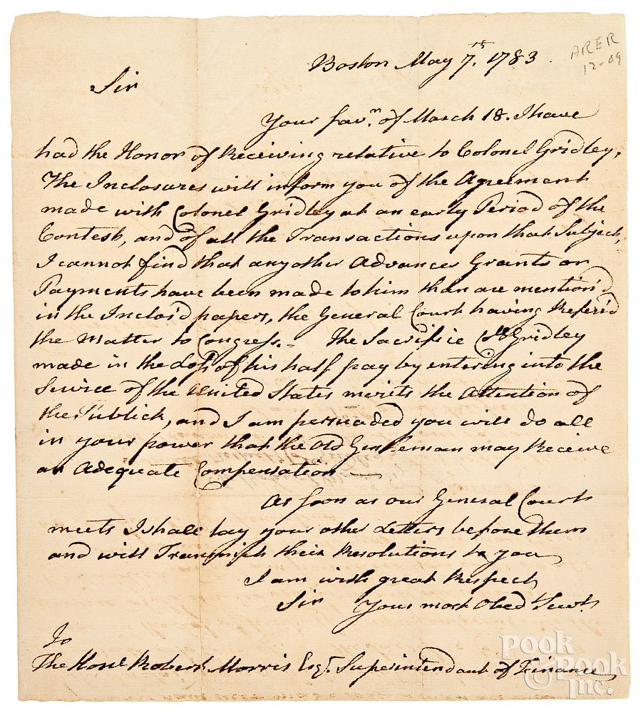 Appraisal: John Hancock unsigned letter to Robert Morris John Hancock unsigned