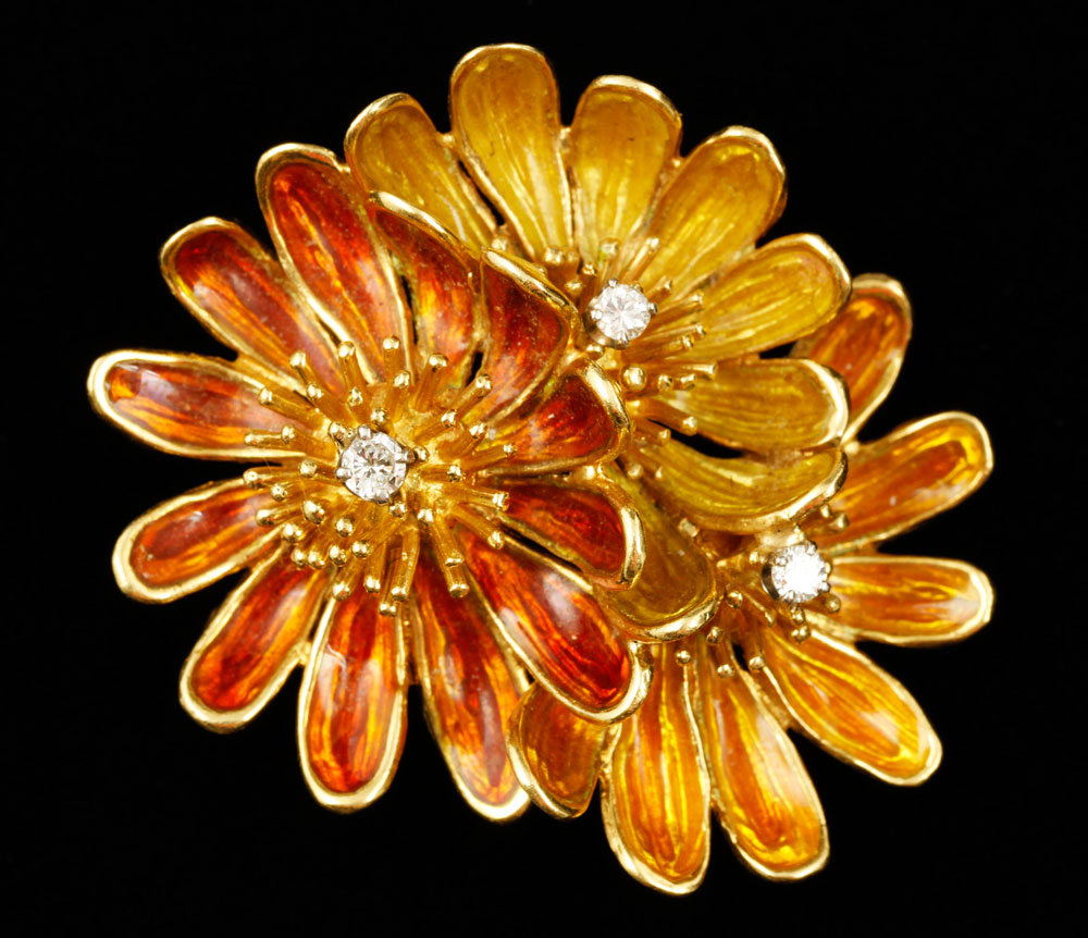 Appraisal: - Cartier K Enameled Floral Brooch Cartier K enameled floral