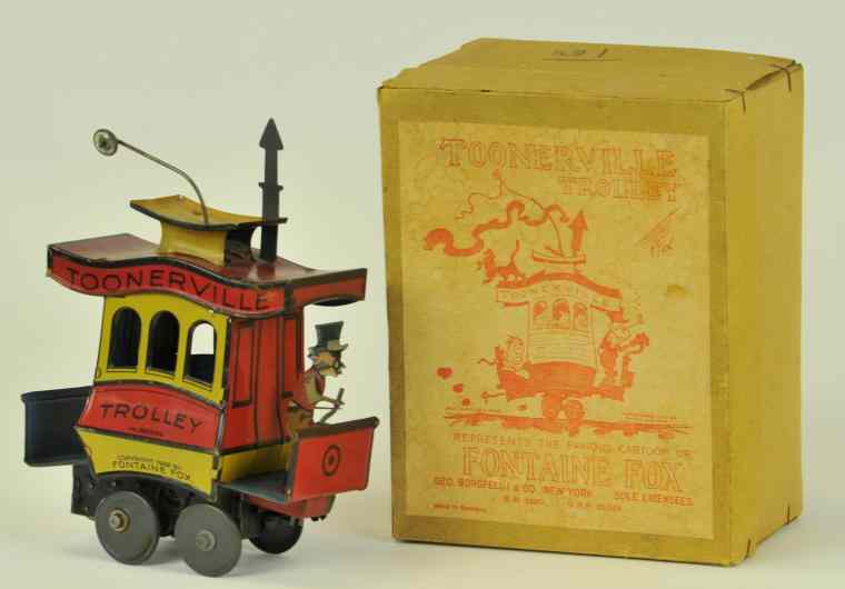 Appraisal: TOONERVILLE TROLLEY WITH BOX Nifty lithographed tin classic depiction of