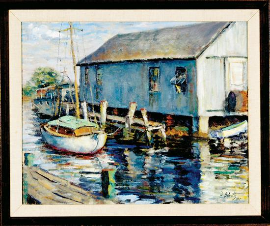 Appraisal: William J Schultz Massachusetts - BOATHOUSE oil on canvas framed