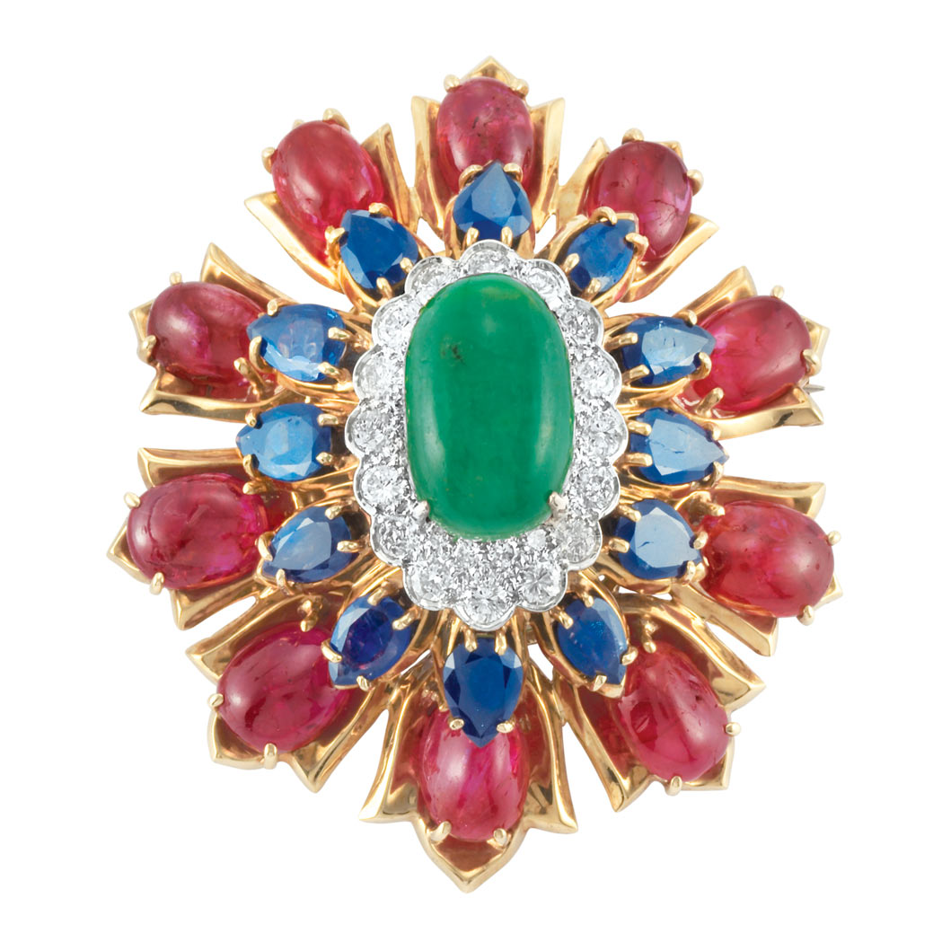 Appraisal: Gold Cabochon Emerald and Ruby Sapphire and Diamond Pendant-Brooch One