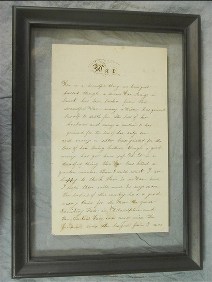 Appraisal: Mary T Warner handwritten double sided essay titled War begimnning