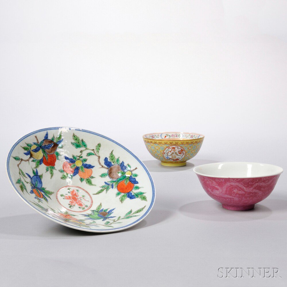 Appraisal: Three Enameled Bowls China a wucai conical bowl the interior