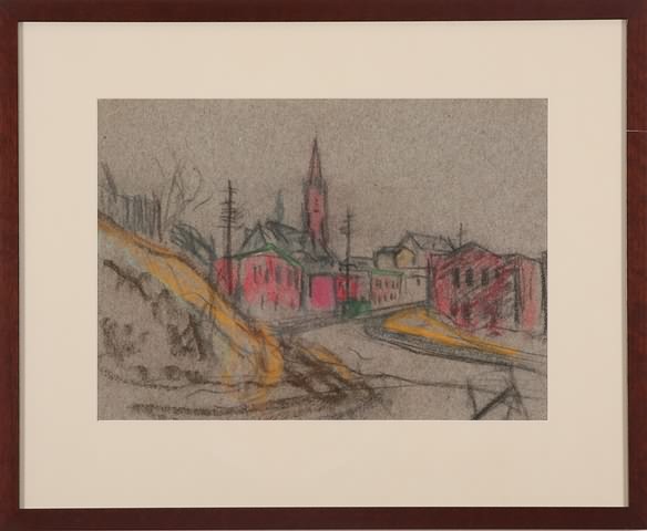 Appraisal: Manayunk scene with church steeple chalk on paper x sight