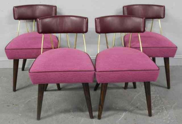 Appraisal: Brass Wood Upholstered Midcentury StyleChairs Great quality with leather and