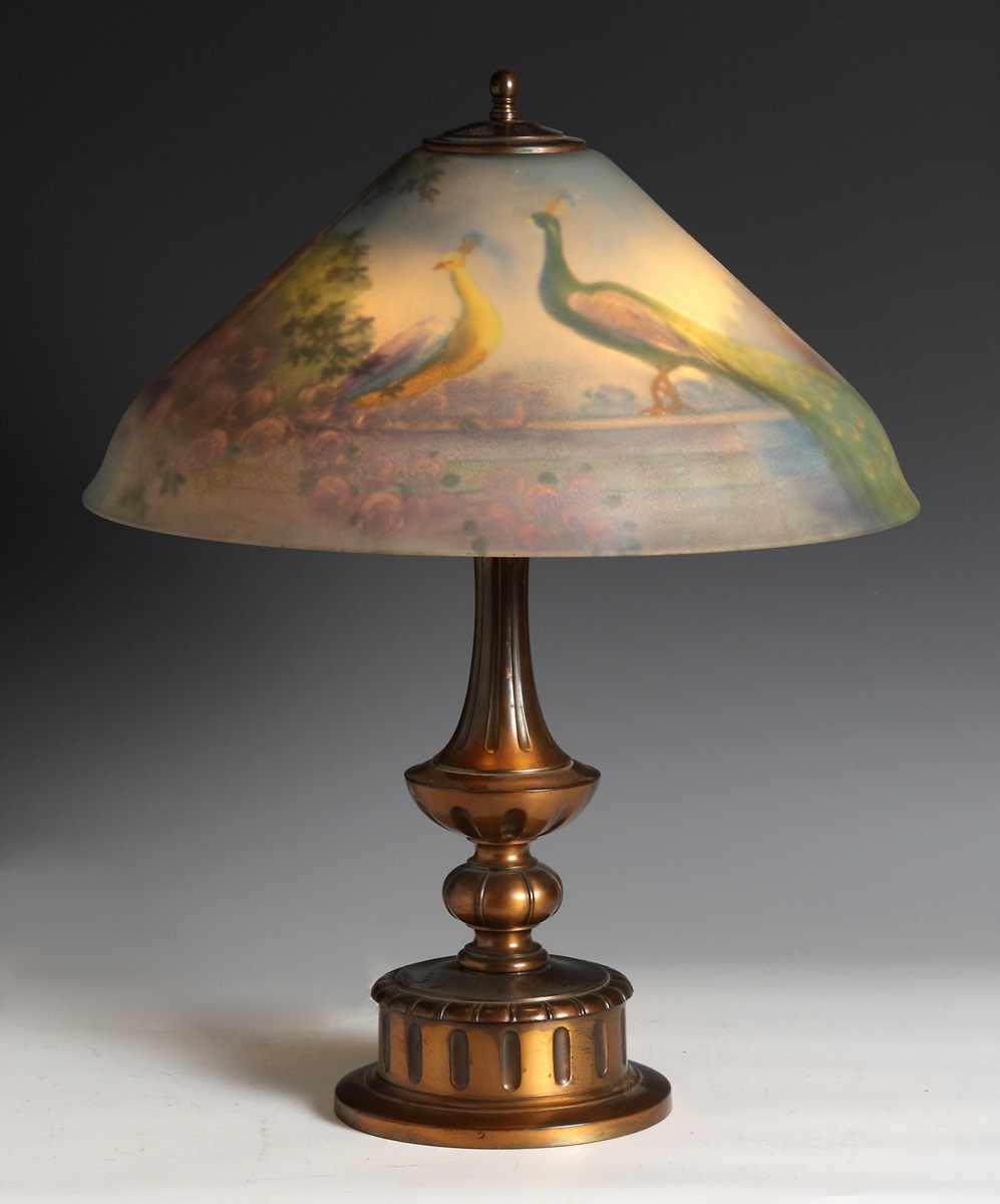 Appraisal: Pairpoint Reverse Painted Table Lamp w peacocks garden scene Shade