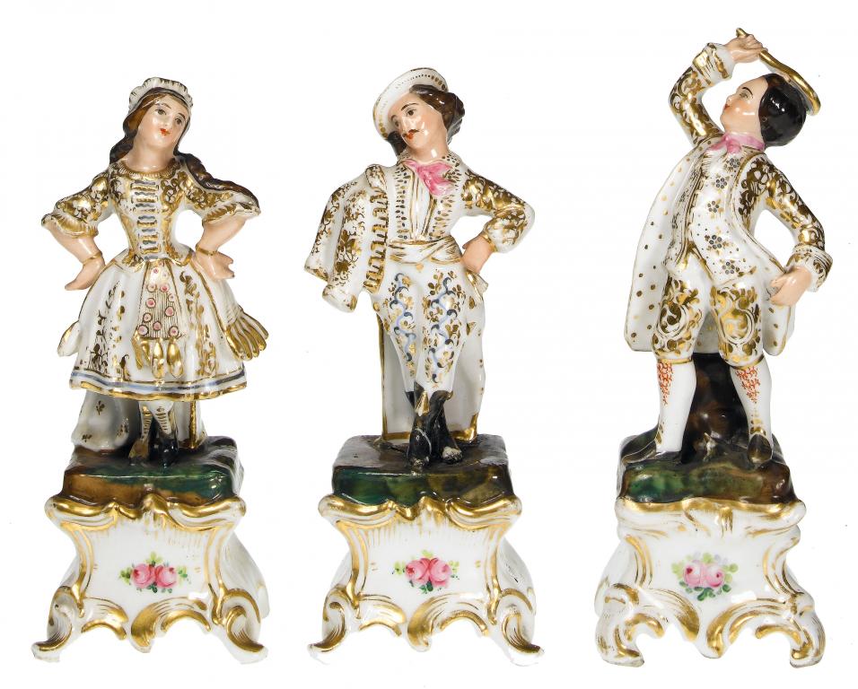 Appraisal: THREE FRENCH PORCELAIN FIGURAL SCENT BOTTLES PROBABLY JACOB PETIT comprising