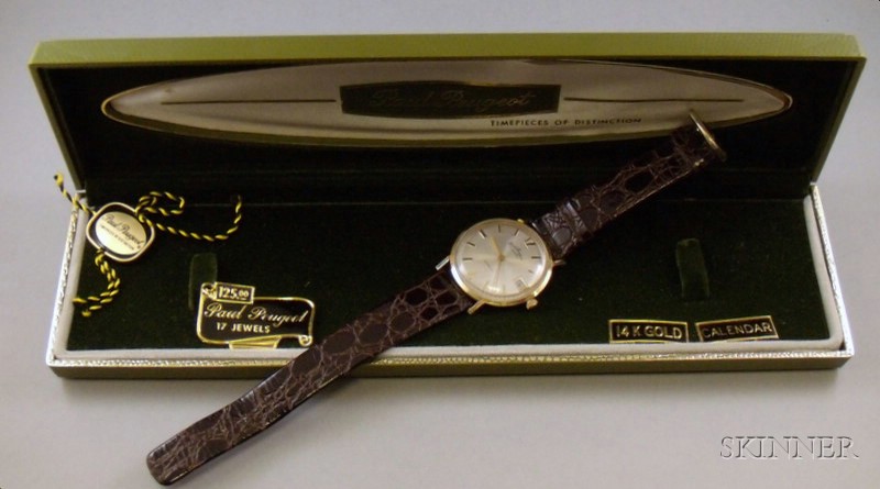 Appraisal: Vintage Man's -jewel Paul Peugeot kt Gold Wristwatch with brown