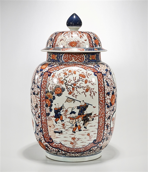 Appraisal: Japanese red blue and white covered porcelain jar x approx