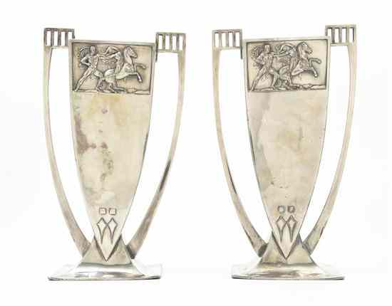 Appraisal: A Pair of German Silverplate Vases WMF each of tapering