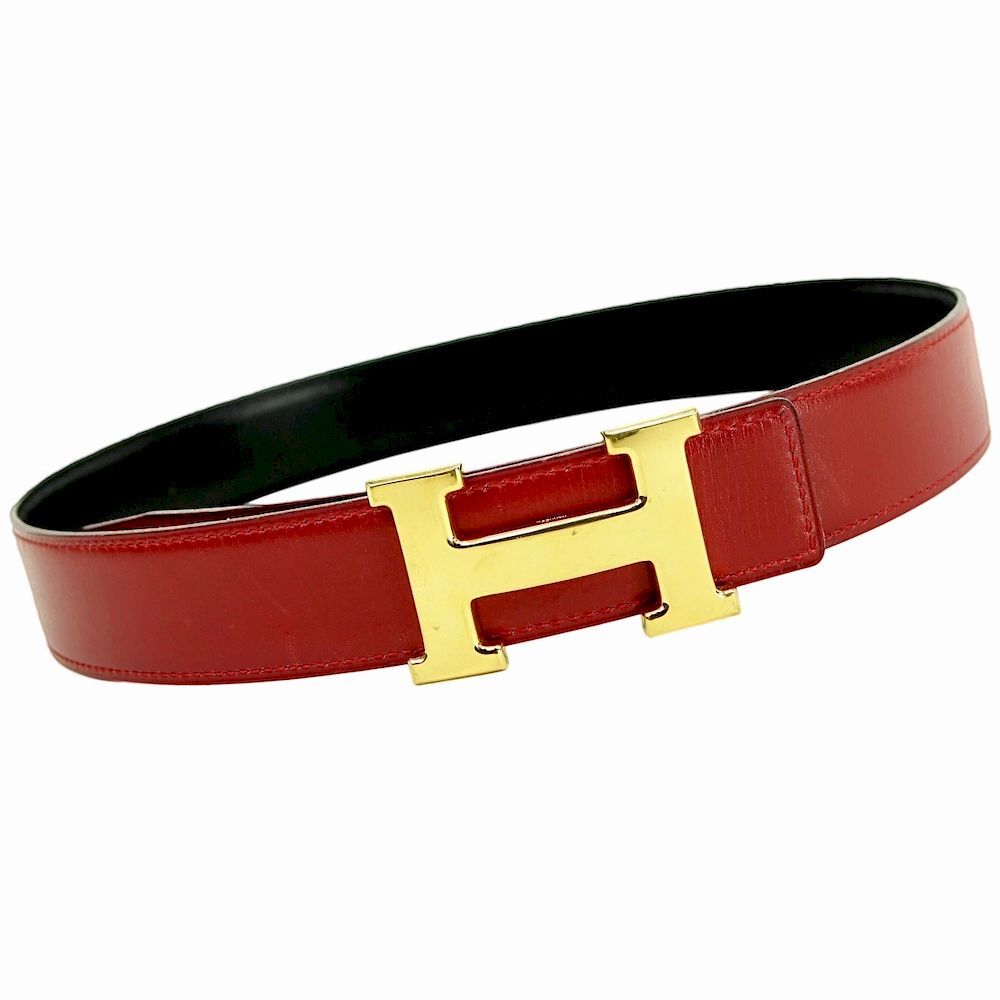 Appraisal: Hermes Rouge Black Leather and Gold H Belt Hermes Rouge