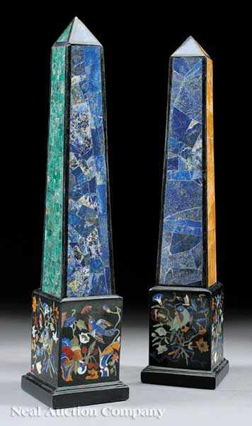 Appraisal: A Pair of Neoclassical-Style Specimen Marble Obelisks each face inlaid