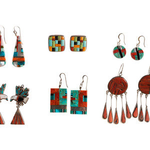 Appraisal: Group of Pueblo and Zuni Inlaid Earrings mid - third