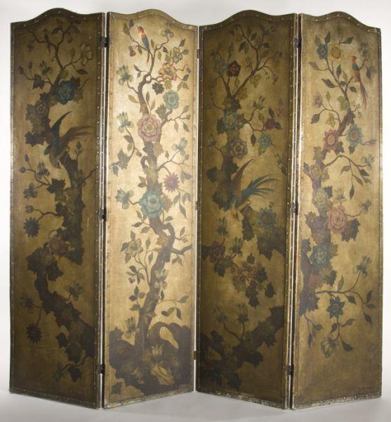 Appraisal: Chinoiserie Four Panel Folding Screen ca hand-painted leather panels featuring