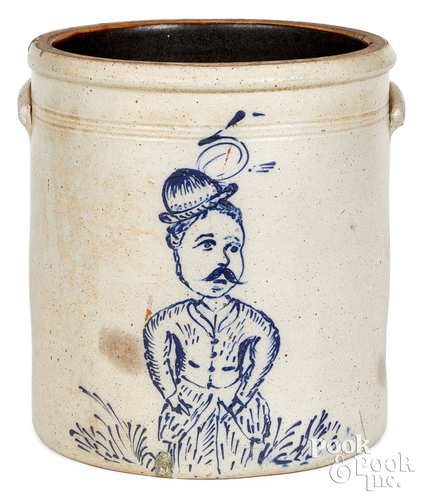 Appraisal: Stoneware crock probably Ohio man in hat Five-gallon stoneware crock