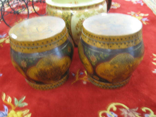 Appraisal: Pair of Oriental Wooden Storage Jars handpainted