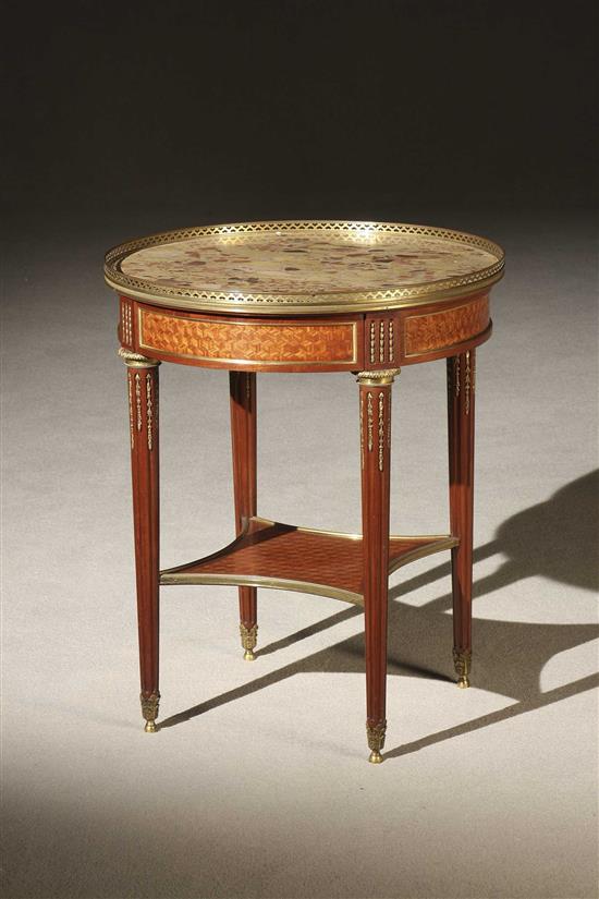 Appraisal: Louis XVI Style Ormolu Mounted Satinwood Parquetry Tulipwood Marble-Top Gu