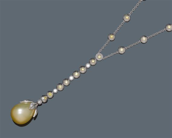 Appraisal: PEARL AND DIAMOND NECKLACE Platinum Fancy Y -shaped necklace the