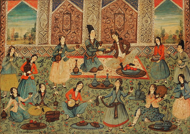 Appraisal: QAJAR SCHOOLParty scene oil on card circa in a lacquered