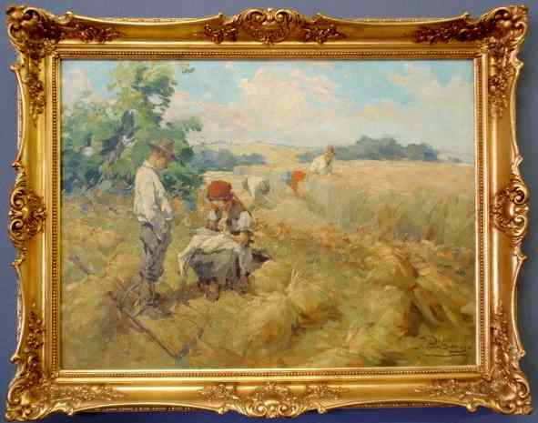 Appraisal: Fine oil on canvas painting of farm workers in a