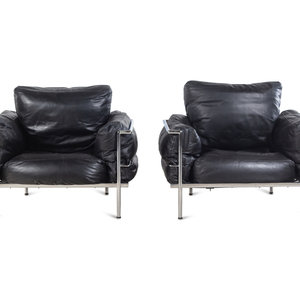 Appraisal: A Pair of Leather Upholstered Chrome Lounge Chairs in the