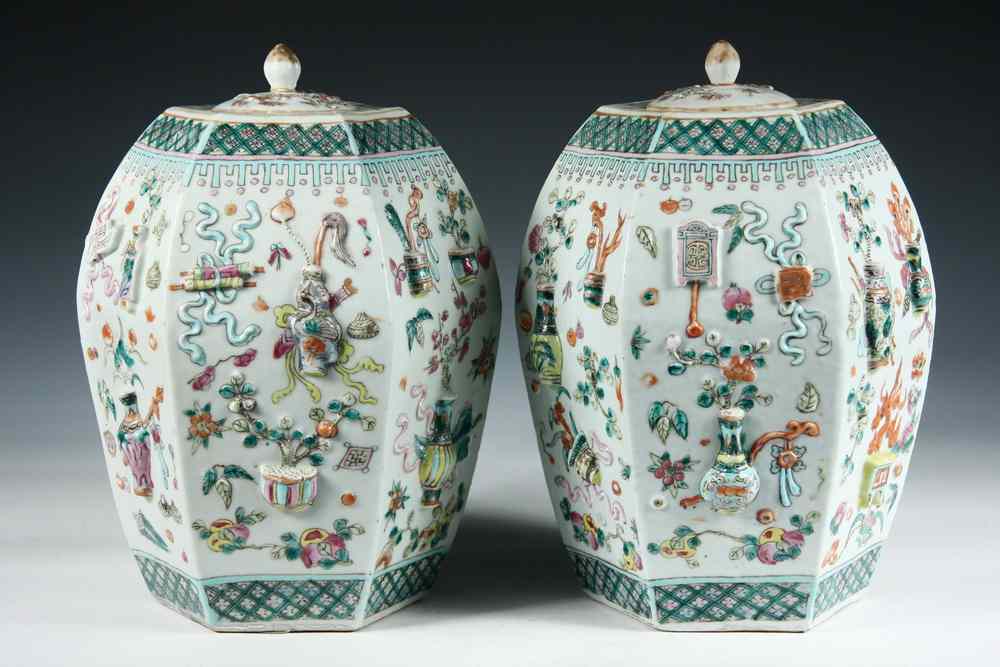 Appraisal: PAIR CHINESE PORCELAIN JARS - Six-Sided Garden Seat Form Jars