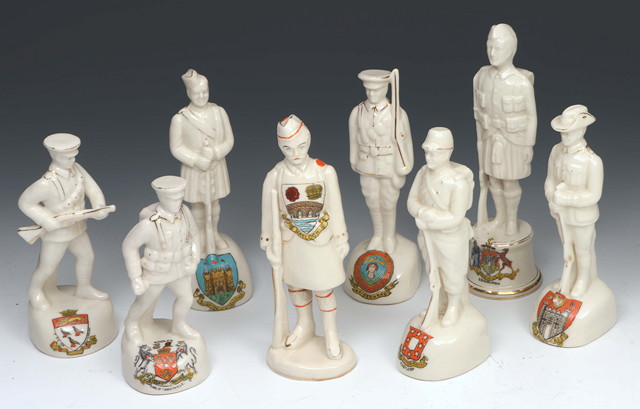 Appraisal: A GROUP OF EIGHT CRESTED WARE FIGURES of various solders