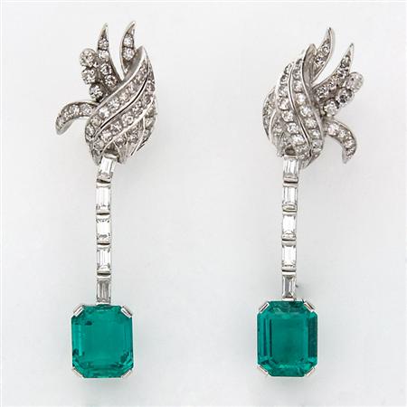 Appraisal: Pair of Diamond and Emerald Pendant-Earrings Estimate -