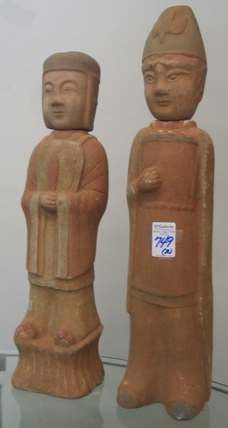 Appraisal: PAIR CHINESE EARTHENWARE FIGURES two male figures one with crossed