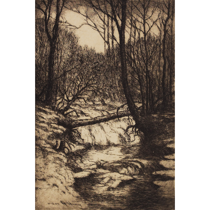 Appraisal: E T Hurley etching rapids with fallen tree signed printed