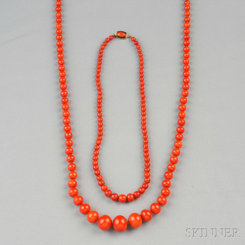 Appraisal: Two Coral Bead Necklaces the first with beads graduating in