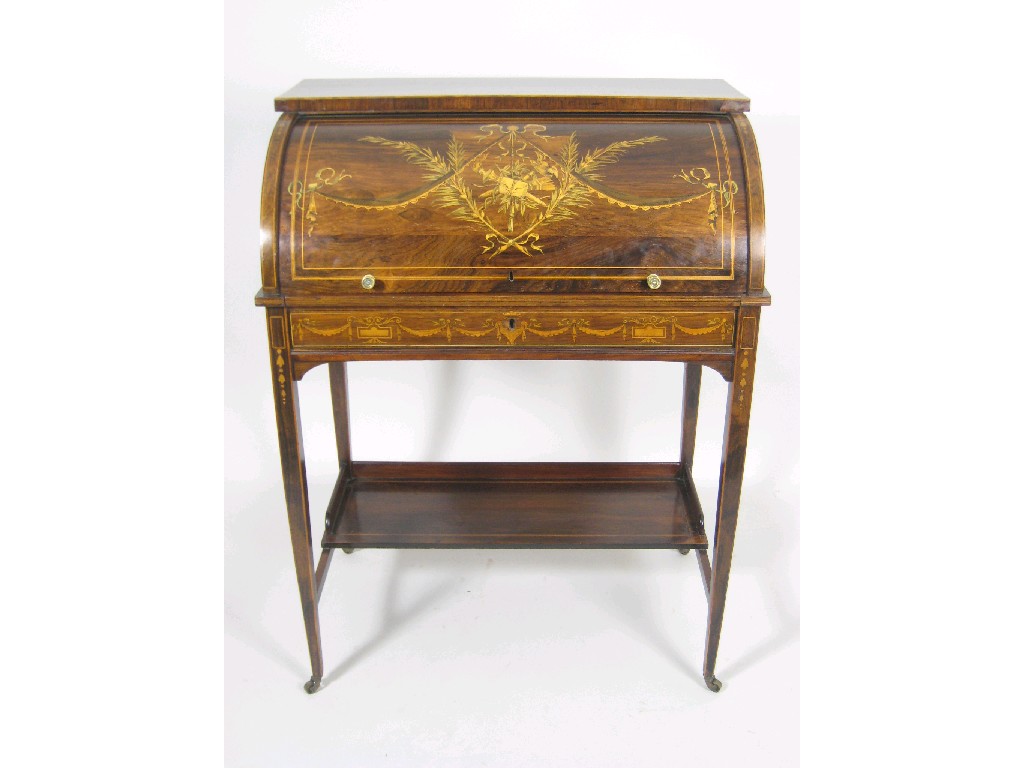 Appraisal: A th Century rosewood and marquetry Cylinder Bureau with design